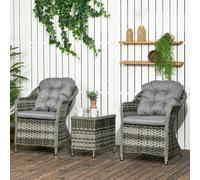 Outsunny 3 PCS Aluminium Rattan Bistro Set with Soft Cushions - Grey - PE Rattan - 62cm x 77cm x 83cm