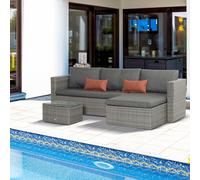 Outsunny 3pc Outdoor PE Rattan Corner Sofa Set w/ Tempered Glass Table-top and Soft Padded Cushion - Grey, Grey