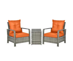 Outsunny 3 pcs PE Rattan Wicker Garden Furniture Patio Bistro Set Weave Conservatory Sofa Storage Table and Chairs Set Orange Cushion, Mixed Grey