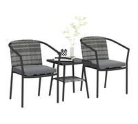 3 PCS Rattan Bistro Set with Cushions Glass Top Coffee Table and Chairs Outsunny Grey One Size