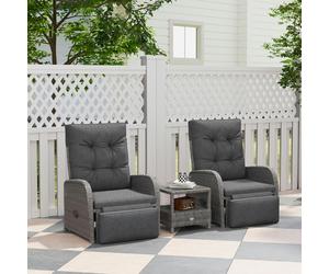 Outsunny 3 PCs Rattan Chaise Lounge Set with Cushion for Patio Yard Grey - Grey - Charcoal Grey