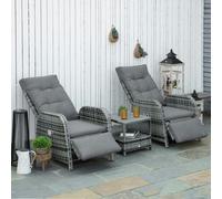Outsunny 3 PCs Rattan Chaise Lounge Sofa Set with Cushion for Patio Yard Grey - Mixed Grey - Aluminium, PE rattan, Polyester - 67W x 80D x 103H cm