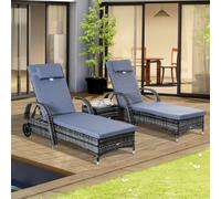 Outsunny 3 PCS Rattan Lounger Recliner Bed Garden Furniture Set w/ Side Table - Grey - Galvanized steel, PE rattan - 200L x 73W x 103H cm