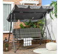 Outsunny 3-Seater Outdoor PE Rattan Swing Chair, Patio Wicker Hanging Swing Bench with Steel Frame Stand & Adjustable Canopy, Grey Grey