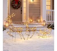 Outsunny 3-Piece Christmas Lighted Reindeer and Sleigh Set, PP Rattan | Outdoor Holiday Decoration, Deer Family with 240 Warm White LEDs, 8 Modes, Daily Timer, 105cm, for Yard Lawn Patio Porch