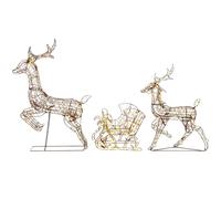 Outsunny 3-Piece Lighted Reindeer and Sleigh Set, PP Rattan Outdoor Christmas Decoration with LEDs, 8 Modes, Daily Timer