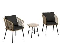 Outsunny 3 Piece Rattan Bistro Set, Patio Wicker Conversation Furniture Set with 2 Chairs, Tempered Glass Table, Cushions, Adjustable Foot Pads, for Garden, Balcony, Nature Wood Finish Wood