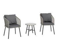 Outsunny 3 Piece Rattan Bistro Set, Patio Wicker Conversation Furniture Set with 2 Chairs, Tempered Glass Table, Cushions, Adjustable Foot Pads, for Garden, Balcony, Grey Grey