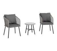 Outsunny 3 Piece Rattan Bistro Set, Patio Wicker Conversation Furniture Set with 2 Chairs, Tempered Glass Table, Cushions, Adjustable Foot Pads, for Garden, Balcony, Nature Wood Finish