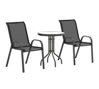 Outsunny 3 Pieces Garden Dining Set, 2 Seater Garden Furniture with High Back Stackable Chairs and Round Glass Top Table, Outdoor Bistro Set for Patio, Black Black