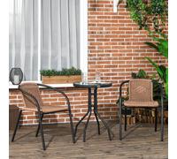Outsunny 3 Pieces Garden Furniture Set with 2 Stackable Chairs, Brown - PE Rattan, Steel, Tempered Glass - Brown - Chair: 55W x 63D x 72H cm, Table: Ф50 x 71H cm