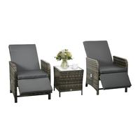 Outsunny 3 Pieces Garden Rattan Bistro Set with Adjustable Backrest, Balcony Conversation Furniture Set with 2 Armchairs Tempered Glass Coffee Table, Cushions, Storage Function - Mix-Grey Grey