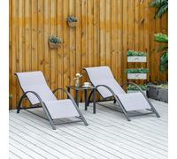 Outsunny 3 Pieces Lounge Chair Set Garden Outdoor Recliner Sunbathing Chair with Table - Light Grey | TJ Hughes