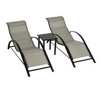 Outsunny 3 Pieces Lounge Chair Set Garden Sunbathing Chair w/ Table Cream - Grey - Steel, Breathable Mesh - 59cmx169cmx66cm