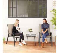 OUTSUNNY 3 Pieces Outdoor Bistro Set, Patio Stackable Armchairs with Breathable Mesh Fabric & SPC Board Coffee Table in Brown Outsunny Brown