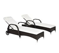 Outsunny 3 Pieces PE Rattan Patio Lounge Chair Set, Outdoor Recliner Lounge Chairs with Wheels, for Outside with Cushions, Headrest, Coffee Table for Garden, Poolside, Brown Brown