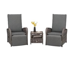 Outsunny 3 Pieces Rattan Bistro Set, Wicker Balcony Furniture Set with Reclining Sun Loungers, 2-Tier Coffee Table and Cushions, 2 Seater Garden Furniture for Outdoor Patio Balcony, Brown