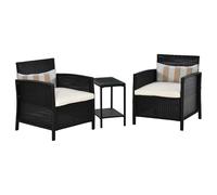 Outsunny 3 Pieces Rattan Bistro Set, Wicker Garden Furniture Set, Glass Top 2-tier Coffee Table and Chairs Set with Pillows and Washable Cushions for Outdoor, Patio, Balcony, Light Grey Black