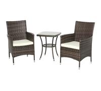 Outsunny 3 Pieces Rattan Bistro Set, Wicker Garden Furniture Set with 2-Tier Coffee Table and Chairs, Cushions, for Outdoor Patio Balcony, Brown Brown
