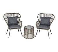 Outsunny 3 Pieces Rattan Bistro Set, Wicker Garden Furniture Set with Cushions, Glass Top Coffee Table and Chairs for Outdoor, Patio, Balcony, Grey Brown