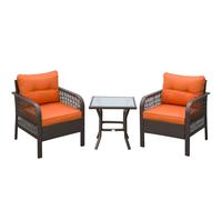 Outsunny 3 Pieces Rattan Bistro Set, Wicker Garden Furniture Set with Glass Top Coffee Table and Chairs, Thickened Cushions for Outdoor, Patio, Balcony, Charcoal Grey Orange