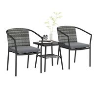 Outsunny 3 Pieces Rattan Bistro Set with Cushions, Wicker Garden Furniture Set, Glass Top Coffee Table and Chairs for Outdoor Patio, Balcony, Terrace and Conservatory, Grey Grey