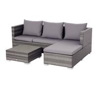 Outsunny 3 Pieces Rattan Garden Furniture Sofa Set, 4 Seater Garden Corner Sofa with 5-Level Reclining Sun Lounger and Storage Coffee Table, Outdoor Furniture Conservatory Set with Cushions, Grey Grey