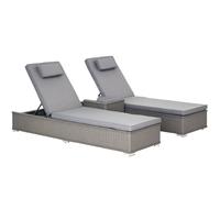 Outsunny 3 Pieces Rattan Sun Lounger Set with Aluminium Frame, 5-Position Adjustable Reclining Garden Chairs and Glass Top Table, Wicker Garden Furniture Daybed with Cushions for Patio, Grey Grey