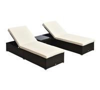 Outsunny 3 Pieces Rattan Sun Loungers with Side Table, 5-Level Adjustable Garden Recliner Sun Loungers Set of 2 with Cushions, Wicker Outdoor Patio Furniture with Glass Top Coffee Table, Dark Brown Br