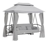 Outsunny 3 Seater Convertible Swing Chair, Outdoor Gazebo Swing Seat Bed with Double Tier Canopy, Cushioned Seat, Mesh Sidewalls and Curtains, Light Grey