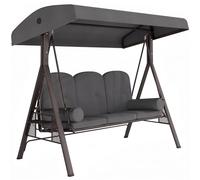 Outsunny 3 Seater Garden Swing Chair Outdoor Hammock Bench w/Adjustable Canopy, Cushions and Cup Trays, Brown Steel Frame, Dark Grey Fabric