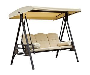 Outsunny 3 Seater Garden Swing Chair Outdoor Hammock Bench w/Adjustable Canopy, Cushions and Cup Trays, Brown Steel Frame, Beige Fabric