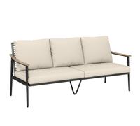 Outsunny 3 Seater Rattan Sofa, Outdoor Garden Sofa with Wood-Effect Armrests, Cushions for Patio, Balcony, Khaki