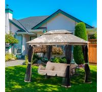Outsunny 3 Seater Swing Chair 3-in-1 Convertible Garden Swing Seat Bed Gazebo Patio Bench Outdoor with Double Tier Canopy, Cushioned Seat, Mesh Sidewalls, Beige