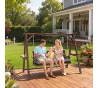 Outsunny 3 Seater Garden Swing Seat, Wooden Swing Chair Bench with Cushion, Side Trays and Metal Chains, for Outdoor Porch Patio, Carbonised Brown