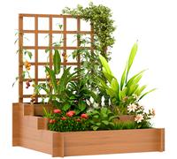 Outsunny 3 Tier Garden Planters with Trellis for Vine Climbing, Wooden Raised Beds, 95x95x110cm, Brown