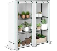 Outsunny 3 Tier Lean-to Mini Greenhouse with Reinforced PE Cover, Portable Small Greenhouse with Roll-Up Door, Green Hemmed Edging, 144 x 48 x 152cm, White