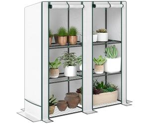 Outsunny 3 Tier Lean-to Mini Greenhouse with Reinforced PE Cover, Portable Small Greenhouse with Roll-Up Door, Green Hemmed Edging, 144 x 48 x 152cm, Green