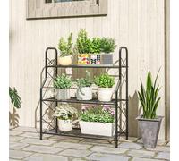 Outsunny 3-Tier Metal Plant Stand, Heavy Duty Ladder Shelf Potted Plants Display Rack with Adjustable Foot Pads, Indoor Outdoor Flower Pot Holder for Garden Balcony Patio