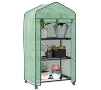 Outsunny 3 Tier Mini Greenhouse with Reinforced PE Cover and Wheels, Portable Small Greenhouse with Roll-up Door and Wire Shelves, 130H x 69W x 49D cm, Green