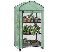 Outsunny 3 Tier Mini Greenhouse with Wheels, 130H x 69W x 49D cm, Green | Reinforced PE Cover, Portable Small Greenhouse, Roll-up Door, Wire Shelves, Garden, Lean to