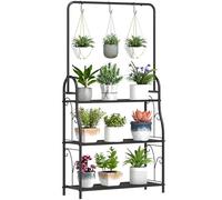 Outsunny 3 Tier Plant Stand with Hanging Rod and Hooks, Metal Plant Rack Shelf, Ladder Flower Pot for Indoor Outdoor Porch Balcony Living Room Bedroom, Black