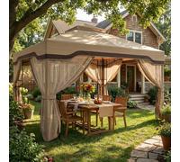 OUTSUNNY 3 x 3.6 m Garden Gazebo with Shelves, UPF50+ Permanent Gazebo in Khaki | Size: 3m x 4m Outsunny Khaki 3m x 4m