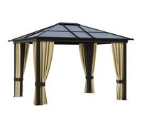 Outsunny 3.6 x 3(m) Hardtop Gazebo Canopy with Polycarbonate Roof and Aluminium Frame, Garden Pavilion with Mosquito Netting and Curtains, Brown