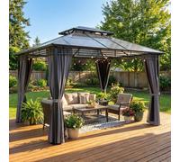 OUTSUNNY 3 x 3.6 m Hardtop Gazebo with Sides, 2-Tier Roof Garden Gazebo in Dark Grey | Size: 3m x 3m Outsunny Dark Grey 3m x 3m