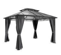 Outsunny 3 x 3.6 m Outdoor Hardtop Gazebo Canopy with 2-Tier Roof, Permanent Pavilion Garden Metal Gazebo with Sides, Dark Grey