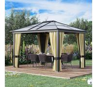 Outsunny 3 x 3.6m Hardtop Gazebo Canopy with Mosquito Netting and Curtains - Brown - 360cm x 295cm x 265cm