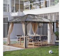 Outsunny 3 x 3.6m Hardtop Gazebo Canopy with Polycarbonate Roof Garden Pavilion with Removable Curtains and Steel Frame, Brown Brown