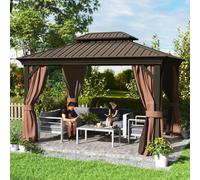 Outsunny 3 x 3.7m Aluminium Hardtop Gazebo Canopy 2 Tier Roof Dark Brown