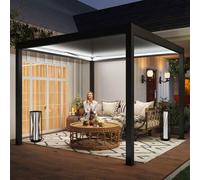 Outsunny 3 x 3(m) Electric Louvered Pergola with LED Lights, Aluminium Pergola Hardtop Gazebo with Remote, Adjustable Roof and Drainage System, Water and UV Proof Grey